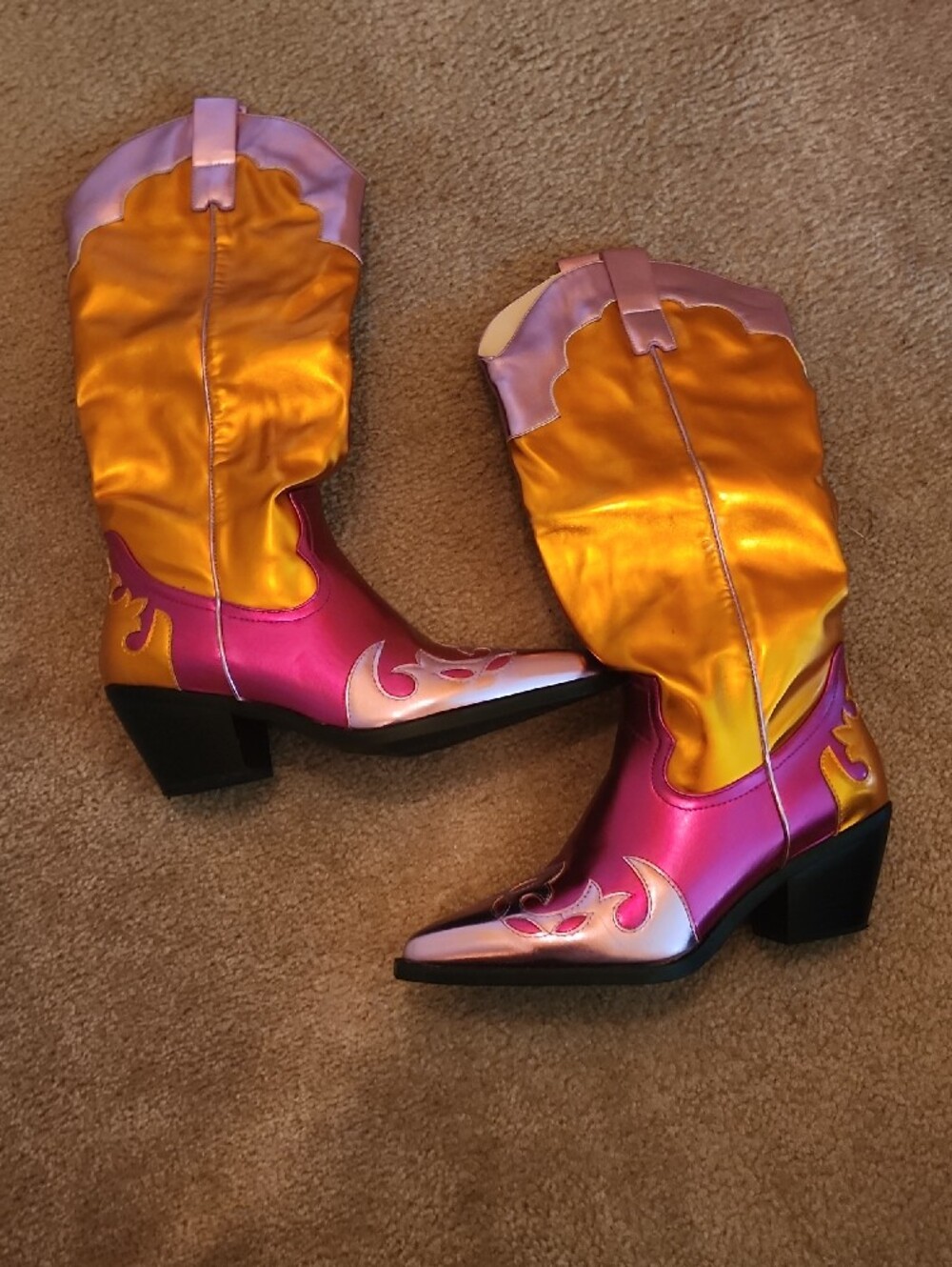 Azalea Wang Hendrix Pink & Orange Metallic Cowboy Boots 9 - Picture 2 of 4